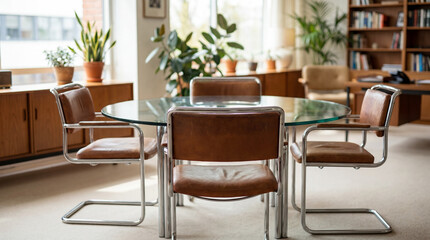 Fototapeta premium Sit in classic chrome and leather cantilever chairs at a beautiful round glass meeting table