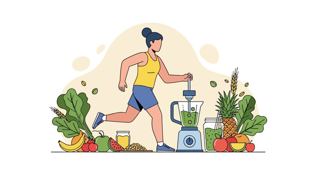 Woman running near blender making healthy smoothie with fresh fruits and vegetables.