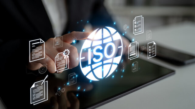 Concept of ISO certification for business quality management. This international standard ensures compliance, process control, and assurance for products and services. Fermion