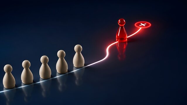 Glowing red pawn finding a new illuminated path to success while wooden pawns stay in line, symbolizing visionary leadership, innovation, and strategic thinking on dark background