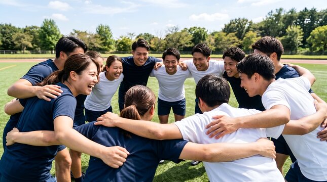 Young Asian team huddle on a sports field, laughing and embracing with joy and unity