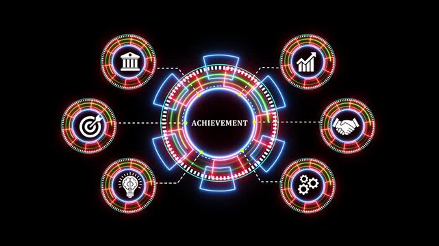 Achievement word with gear wheel and business icons, futuristic digital display.