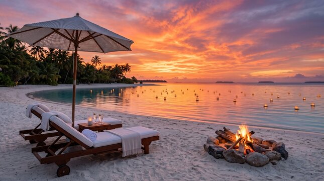 Luxury Wooden Sunbeds Under White Umbrella Next to Romantic Cozy Bonfire on Beach Sand with Floating Lanterns in Calm Ocean Water During Spectacular Fiery Golden Sunset Sky
