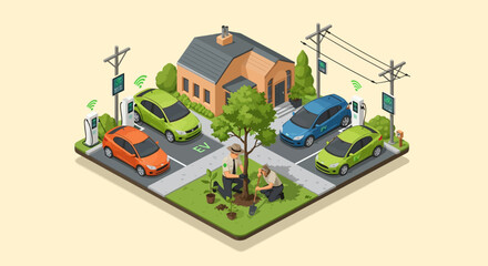 Fototapeta premium Isometric suburban neighborhood with houses and electric cars.