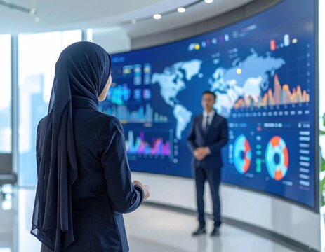 Business professional wearing hijab reviewing global data analytics on large digital screen, financial strategy, market research, business intelligence, corporate growth
