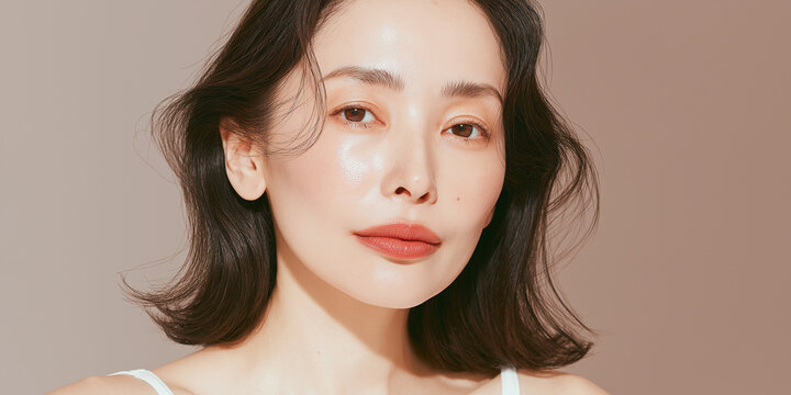 日本人, 女性, 50代, 40代, ミドル, シニア, 美容, スキンケア, エイジングケア, 健康, ライフスタイル, 美人, ナチュラル, 清潔感, 透明感, 白背景, コピースペース, 広告素材, 信頼感, 微笑み, ウェルビーイング, 上半身, 視線, ポニーテール, 化粧品, エステ, 自己肯定感, オーセンティック, ポジティブエイジング, 日本, ウェルエイジング, サプリメント,