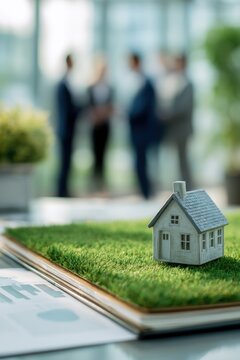 Real estate business market, house home building purchase sale. A miniature house model on a lush green grassy surface atop a book, with a blurred background of people and plants.