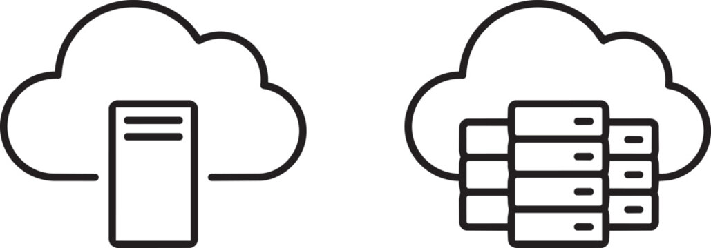 Art & Illustration, Cloud storage server blade and network data cloud hosting database racks line art. Enterprise data center infrastructure.