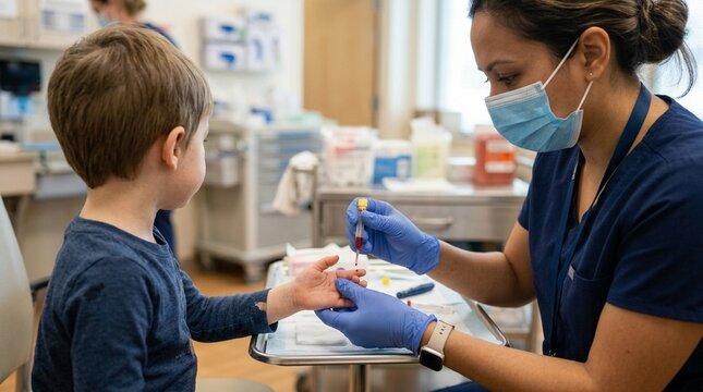 Close-up of a small-volume blood draw being performed from a child's fingertip by a pediatric research nurse, capillary collection tube &ndash; Clinical Trial & Healthcare Research Stock Photo