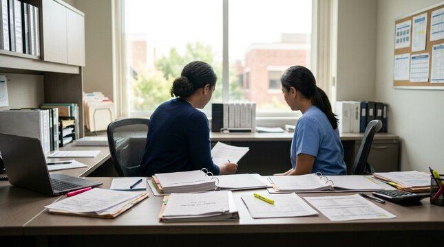 Wide shot of a clinical site monitoring visit, a CRA seated beside a coordinator, source documents and study files spread across the desk, &ndash; Clinical Trial & Healthcare Research Stock Photo