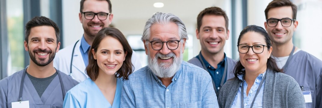 Multidisciplinary hospital team around a smiling middle-aged diabetic patient in a bright clinic, celebrating a successful prevention program; hopeful mood, soft morning light, medium-wide composition