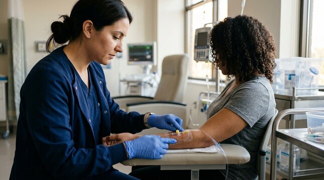 Close-up of a study nurse checking an IV cannula site for signs of phlebitis, examining the insertion area on the participant's forearm &ndash; Clinical Trial & Healthcare Research Stock Photo
