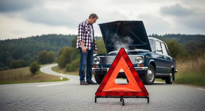 Stranded Driver Inspects Overheated Car Engine with Warning Triangle on Roadside.