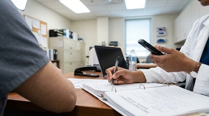 Fototapeta premium Research physician dictating a medical history note during a participant screening visit, seated at a desk with a recording device, face – Clinical Trial & Healthcare Research Stock Photo