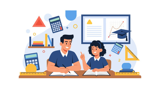 Teacher and student learning math together at a desk.