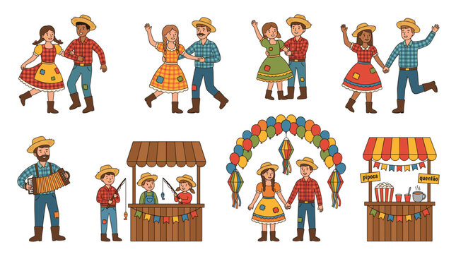 Festa junina isolated elements with happy people dancing rural musicians colorful balloon arch and traditional country food stalls vector graphic background