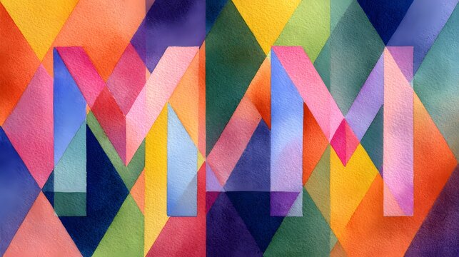 Modern abstract geometric color block monogram pattern, watercolor background.