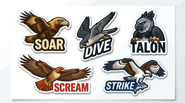 Eagle Power Set: A dynamic collection of illustrated eagles in various powerful poses, each with an action-oriented word emblazoned below, embodying strength and ferocity.