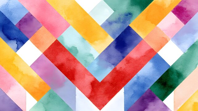 Modern abstract geometric color block monogram pattern, watercolor background.