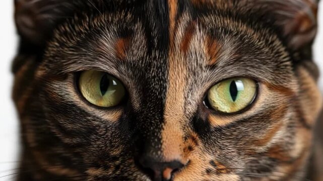 Closeup portrait of a tortoiseshell cat with striking green eyes