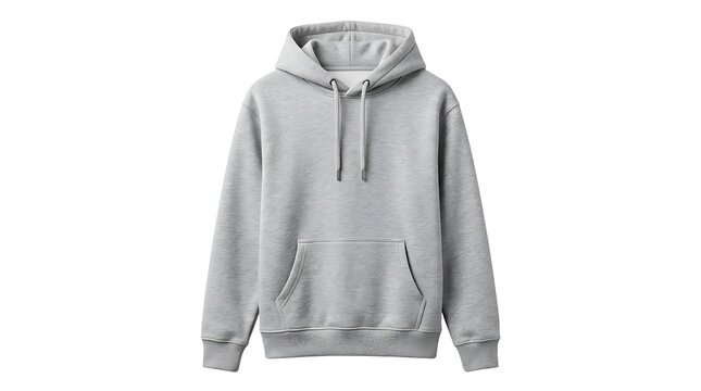 Gray hooded sweatshirt hanging on hanger.