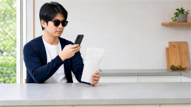 キッチンでスマホを使って商品を確認する日本人男性