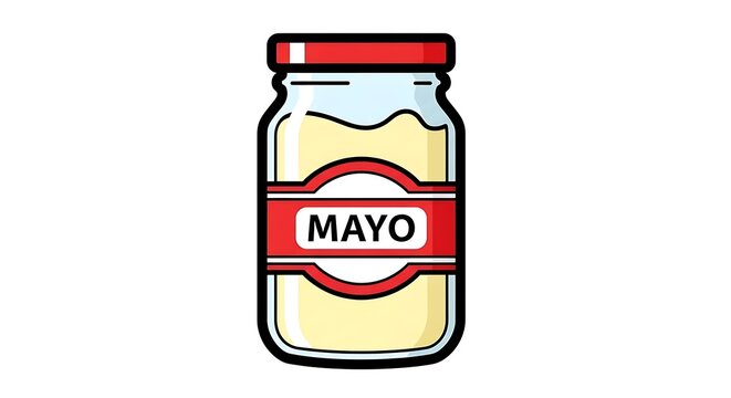 Condiment bottle with red white and yellow mayo label.