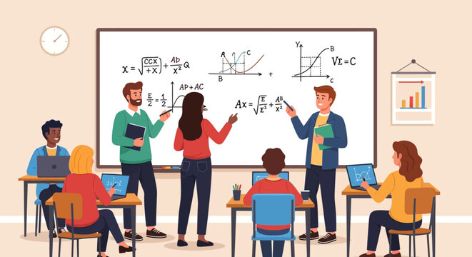 Students learning mathematics in a classroom with a teacher explaining equations on a whiteboard.