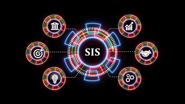 Digital corporate information system interface with abstract blue hud graphic icons.