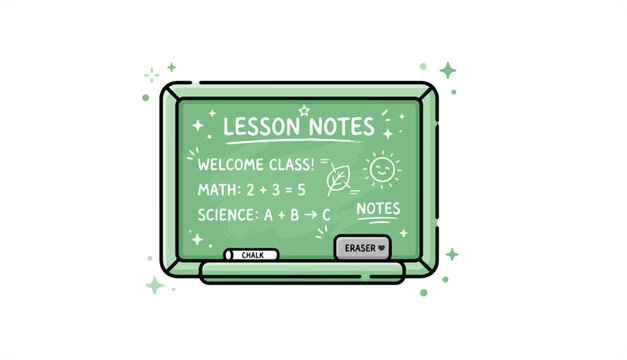 Green chalkboard with welcome class lesson notes and math equations.