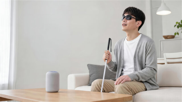 白杖のそばで音声アシスタントを使う日本人男性