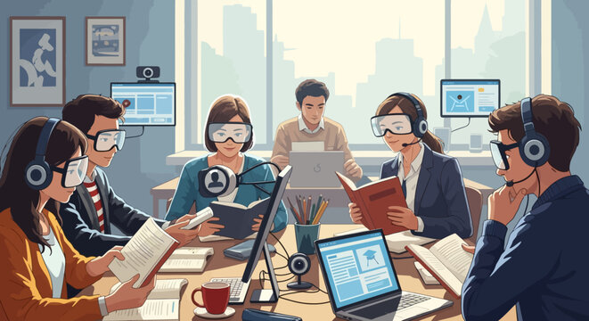 Diverse group of people learning with virtual reality headsets in a modern classroom setting.