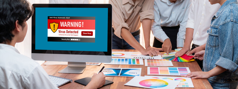 Virus warning alert on computer screen detected brisk cyber threat , hacker, computer virus and malware