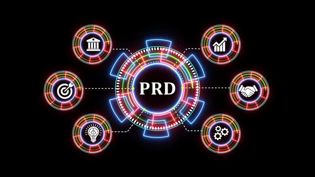 Prd product requirement document concept animation with digital interface icons set.