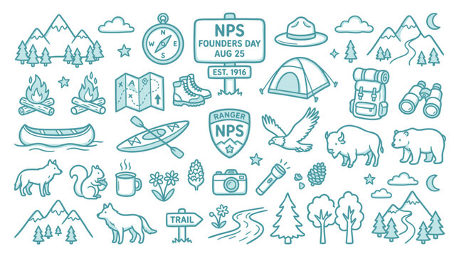 National Park Service Founders Day illustration with various outdoor recreation and wildlife elements.