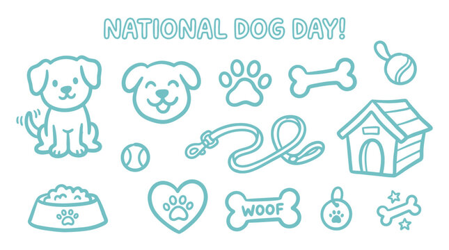 National Dog Day Celebration with Cute Cartoon Icons and Illustrations.