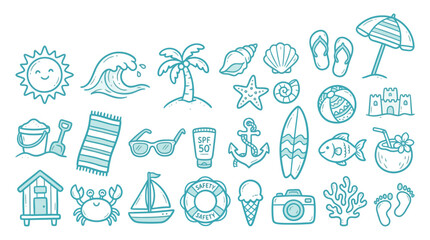 Collection of cute hand-drawn summer beach icons and symbols, perfect for vacation and travel themes. © Meila