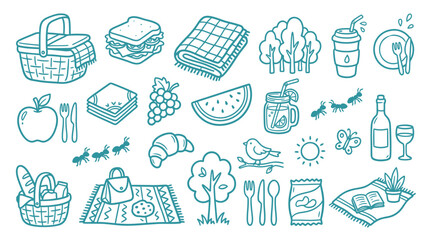 Fototapeta premium Collection of hand-drawn picnic icons and elements, perfect for summer themes and outdoor activities.