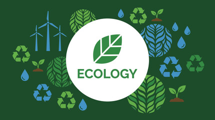 Obraz premium Ecological illustration of recycling and green energy symbols surrounded by nature elements