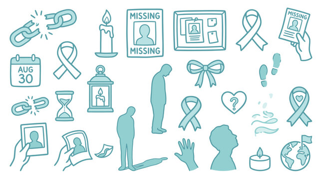 Collection of icons representing loss, missing persons, and remembrance, including broken chains, candles, missing posters, ribbons, footprints, and silhouettes.