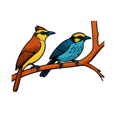 Fototapeta premium Two Retro Pop Art Birds on Branch, Orange Blue Halftone Couple Bird Vector Illustration