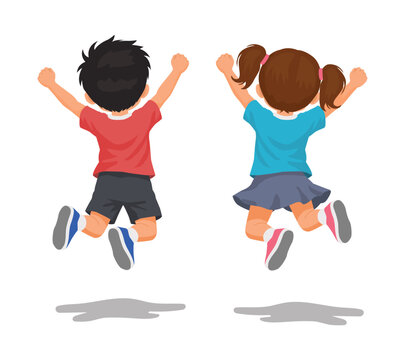 Back view of two children jumping together