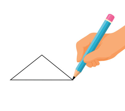 Child hand holding pencil drawing triangle
