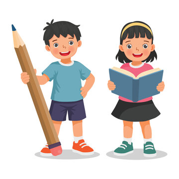 Two children holding big pencil and book