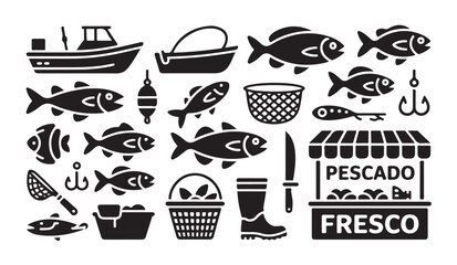 Set of fishing icons featuring boats hooks fish fishing nets and containers for angling. © RANA