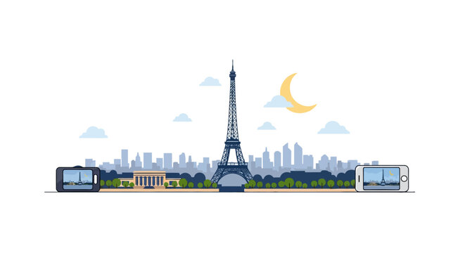 Flat vector illustration of the Paris skyline at night with the Eiffel Tower, city silhouettes, crescent moon, and clouds, featuring two smartphones capturing the view on a white background.