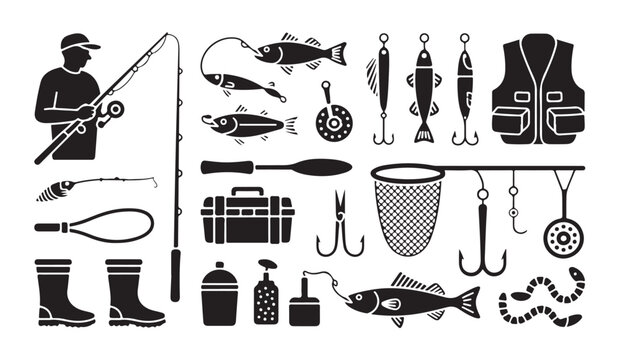 Fishing gear set with angler and various fishing accessories like lure and tackle boxes.