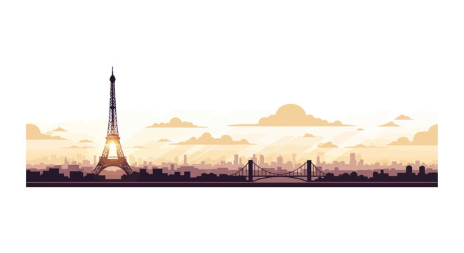 Vector illustration of Paris skyline at sunrise featuring Eiffel Tower silhouette, city buildings, a bridge, and soft orange clouds on a white background with sun rays.