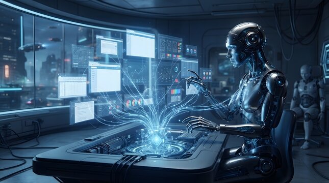 Hyper-realistic humanoid AI observing floating holographic desktop interfaces