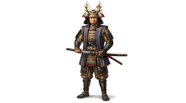 Full length portrait of a traditional Japanese samurai warrior in intricate blue and gold armor holding a katana sword isolated on white background
